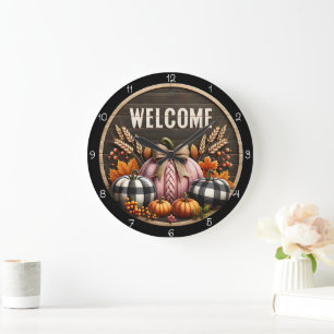 Welcome Fall Farmhouse Pumpkins Autumn Decor Large Clock