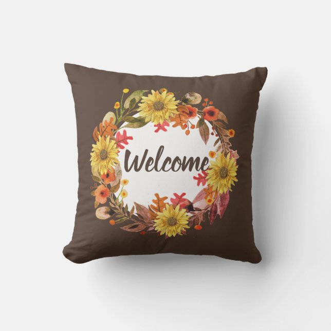 Welcome Fall Flower and Leaves Wreath  Outdoor Pillow (Front)