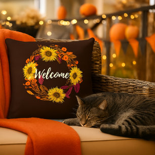 Welcome Fall Flower and Leaves Wreath Outdoor Pillow