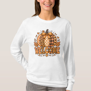 Welcome Fall Leopard Patchwork Pumpkin Bow Harvest T-Shirt