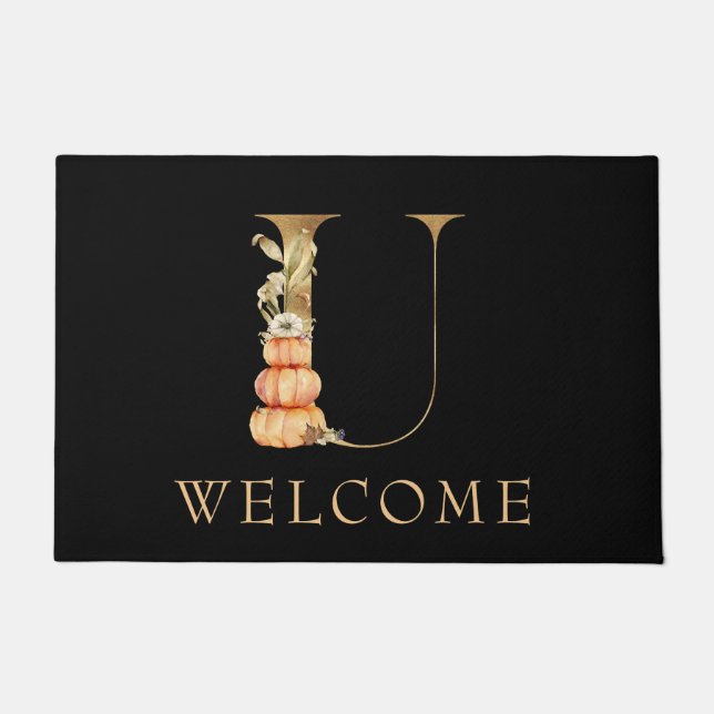 WELCOME Fall Monogram U with Pumpkins  Doormat (Front)