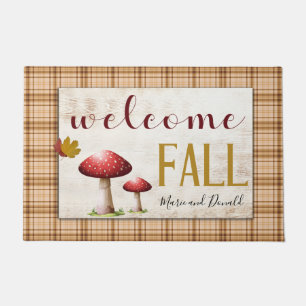 Welcome Fall Mushrooms Orange Plaid Add Name Doormat