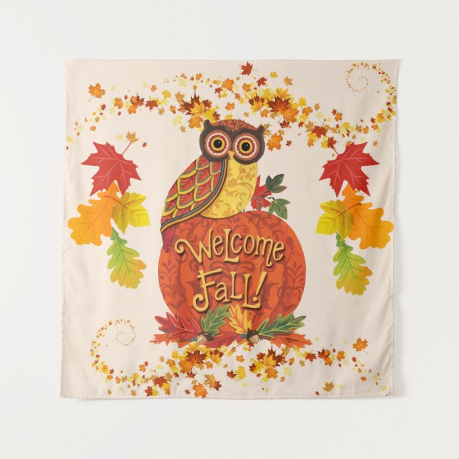 Welcome Fall Owl Autumn Leaves Selfie Backdrop Tapestry (Front)