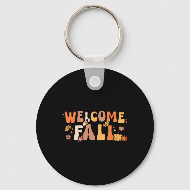 Welcome Fall Retro Hello Autumn Season Leaves Wome Keychain (Front)