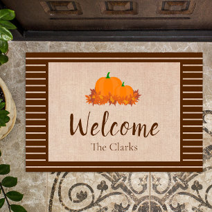 Welcome Fall Striped Family Last Name Pumpkin Doormat