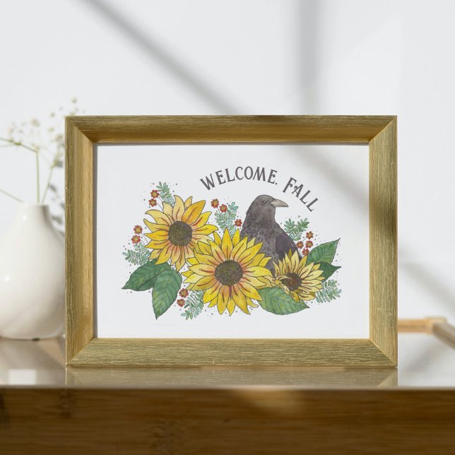 Welcome Fall Sunflowers and Crow Downloadable Poster (Welcome Fall Crow and Sunflowers Tabletop Print)