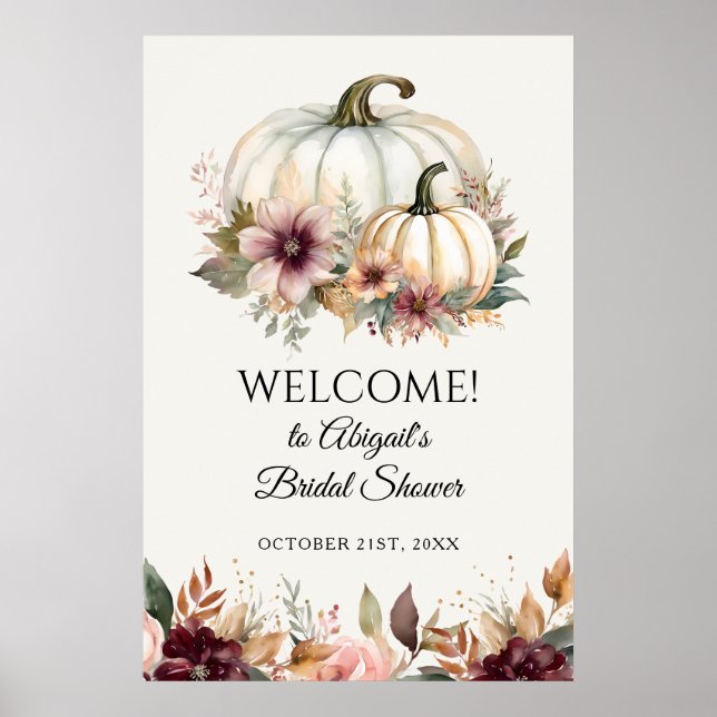 Welcome Fall White Pumpkin Floral Bridal Shower Poster (Front)