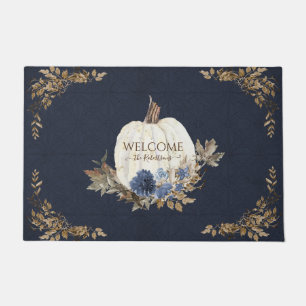 Welcome Family Fall Pumpkin Foliage Blue Floral Doormat
