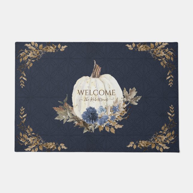 Welcome Family Fall Pumpkin Foliage Blue Floral Doormat (Front)