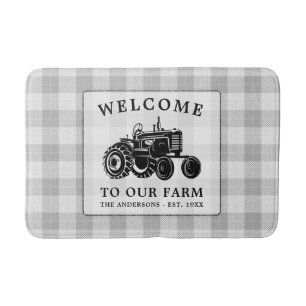 Welcome Family Name Farm Tractor White Plaid Bath Mat