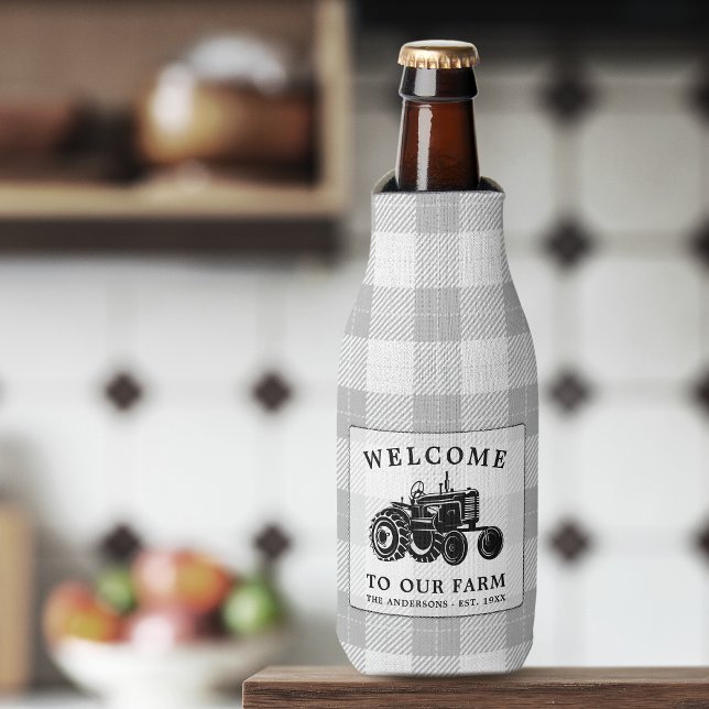 Welcome Family Name Farm Tractor White Plaid Bottle Cooler (Creator Uploaded)