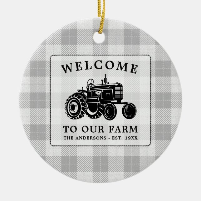 Welcome Family Name Farm Tractor White Plaid Ceramic Ornament (Front)