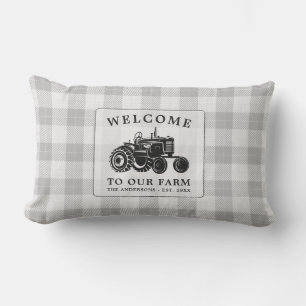 Welcome Family Name Farm Tractor White Plaid Lumbar Pillow