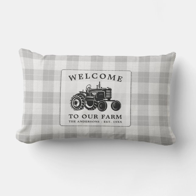 Welcome Family Name Farm Tractor White Plaid Lumbar Pillow (Front)