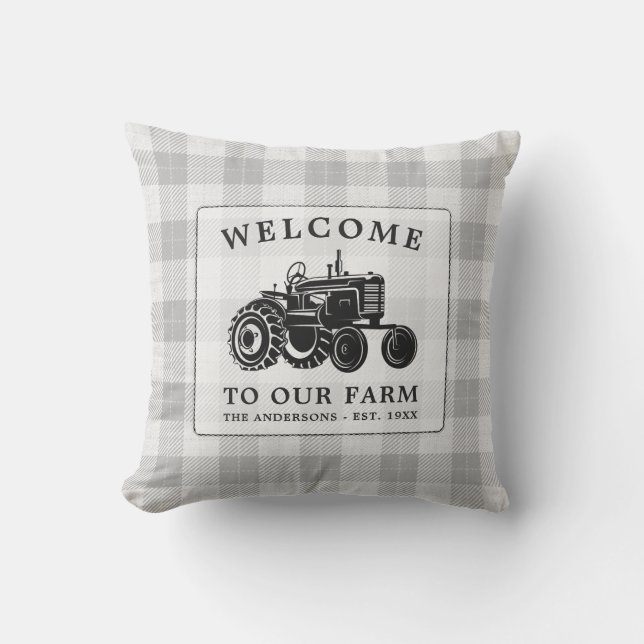 Welcome Family Name Farm Tractor White Plaid Outdoor Pillow (Front)