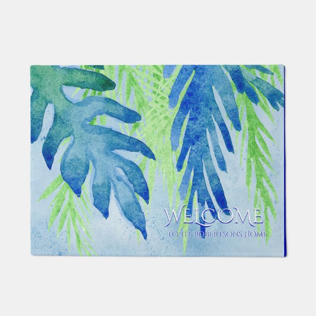 Welcome Family Name Modern Tropical Leaf Leaves Doormat (Front)