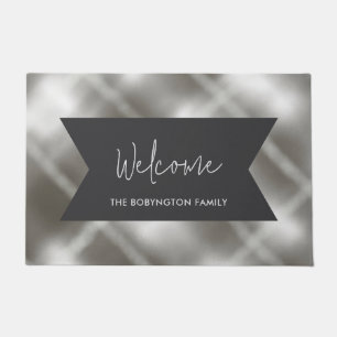 Welcome family name plaid grey white typography  doormat
