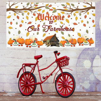 Welcome Farmhouse Tree Branch Orange White Pumpkin Banner