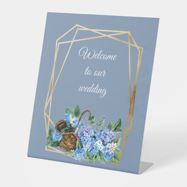 Welcome floral  dusty blue Hydrangeas basket  Pedestal Sign (Front)