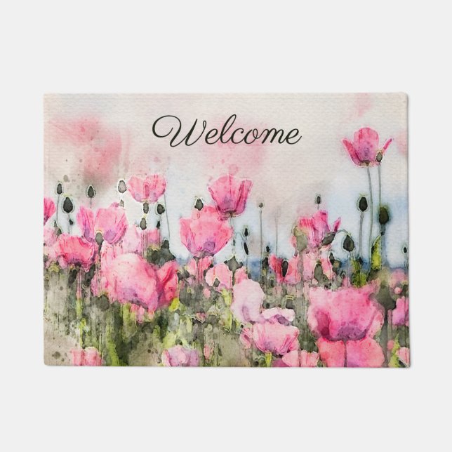 Welcome Floral Watercolor Pink Poppy Flowers Doormat (Front)