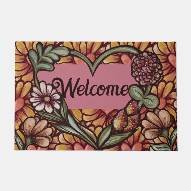 Welcome Flower Heart Doormat (Front)
