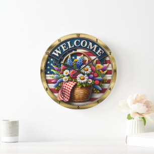 Welcome Flowers Flag Patriotic Large Clock