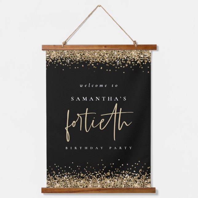 Welcome Fortieth Gold Glitter Name Black Hanging Tapestry (Front)