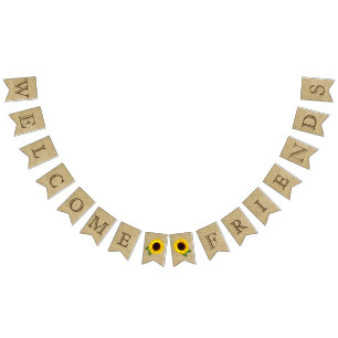 Welcome Friends Burlap Look with Sunflowers Bunting Flags