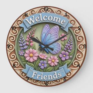 Welcome Friends Butterfly Garden Large Clock