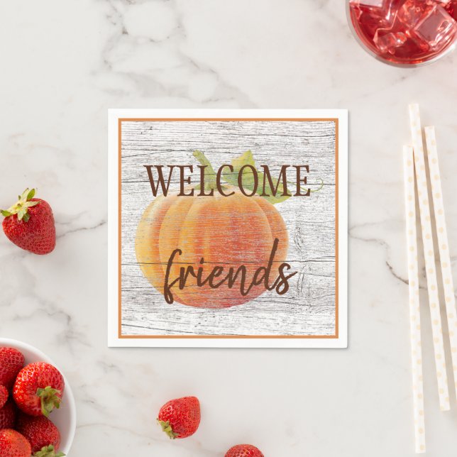 Welcome Friends Pumpkin On Weathered Wood Planks Napkin (Insitu)