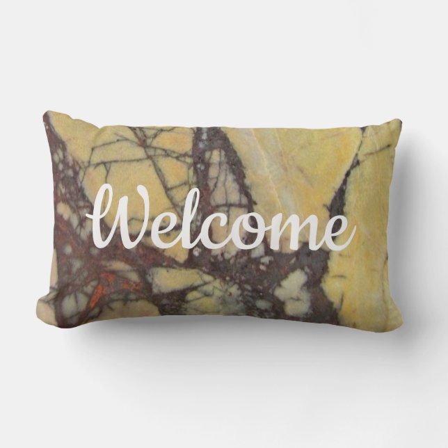 Welcome Gemstone Yellow Red Marble Lumbar Pillow (Front)
