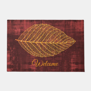 Welcome Gold Autumn Leaf on Maroon Doormat