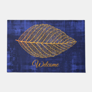 Welcome Gold Autumn Leaf on NAVY BLUE Doormat