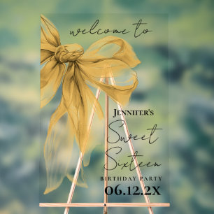 Welcome Gold Bow Coquette Script Sweet 16  Acrylic Sign