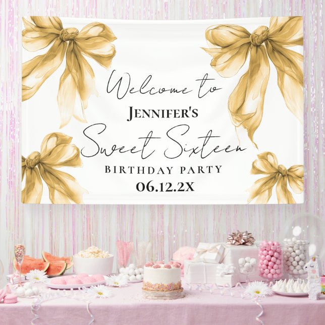 Welcome Gold Bow Coquette Script Sweet 16  Banner (Party)