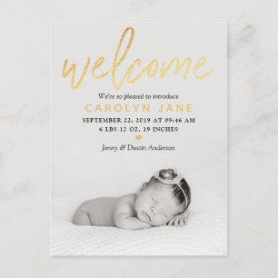 "Welcome" Gold Foil Photo Birth Announcement Postcard
