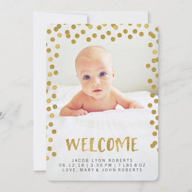 Welcome | Gold Modern Photo Birth Announcements (Front)