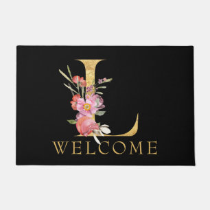 WELCOME, Gold Monogram L with Pink Florals, Black Doormat