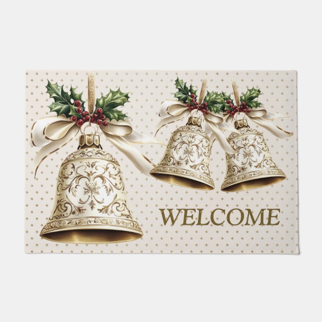 Welcome Golden Christmas Bell Shiny Stars Elegant Doormat (Front)