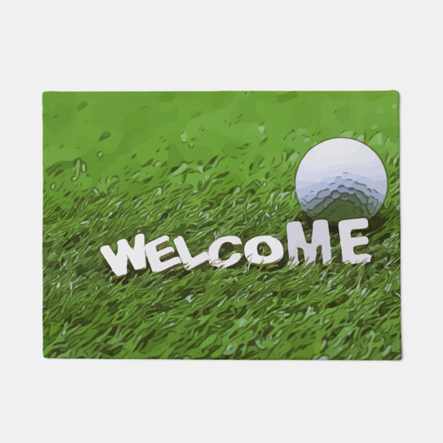 Welcome golfer with golf ball on green grass doormat (Front)