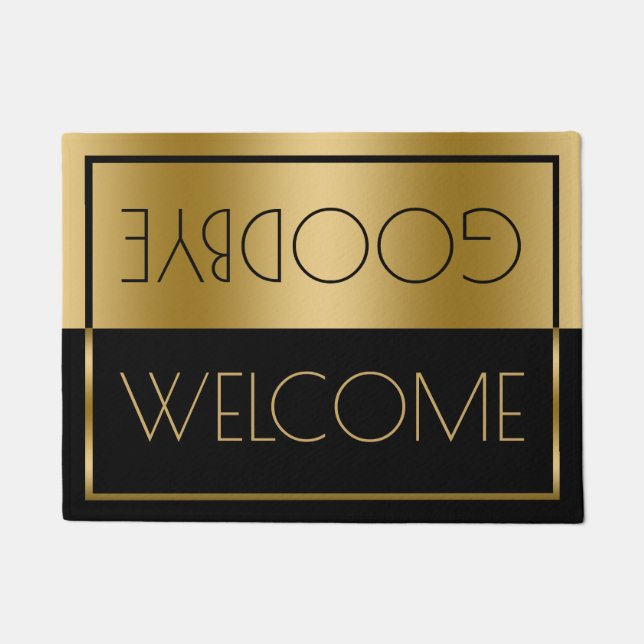 Welcome Goodbye Gold & Black Geometric Design Doormat (Front)