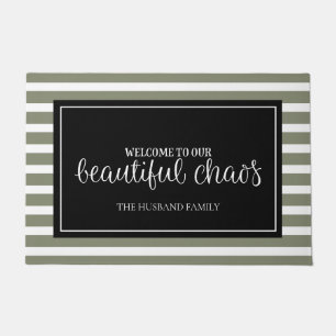 Welcome Green and White Personalized Family Name Doormat