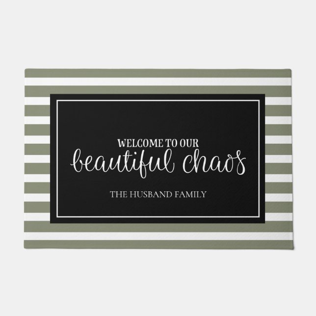 Welcome Green and White Personalized Family Name  Doormat (Front)