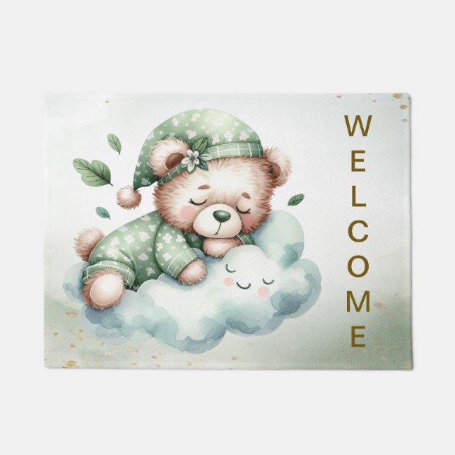 Welcome Green Boho Sleeping Teddy Bear Cute Doormat (Front)