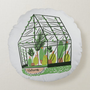 Welcome Green House Botanical Cactus Plants Art Round Pillow