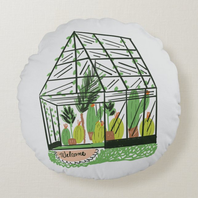 Welcome Green House Botanical Cactus Plants Art Round Pillow (Front)