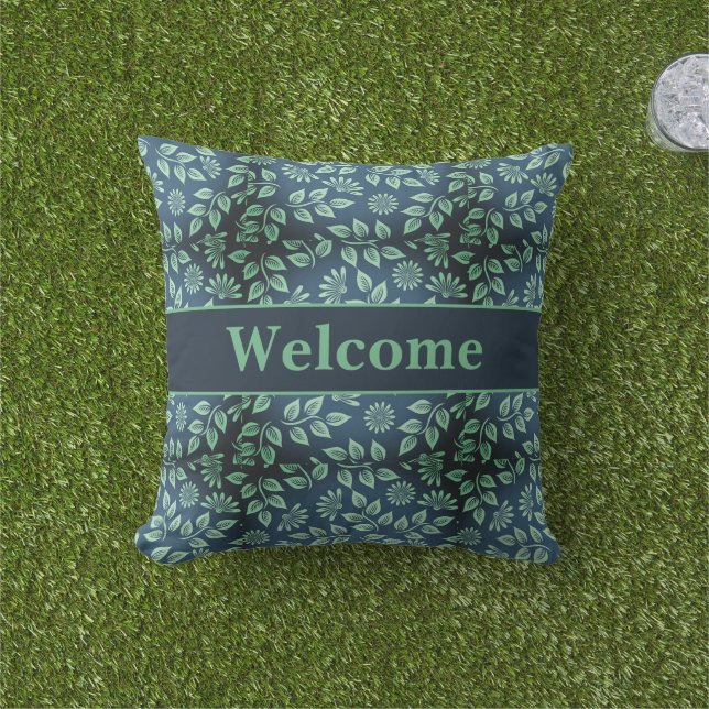 Welcome Green Leaves on Navy Outdoor Throw Pillow (Grass)