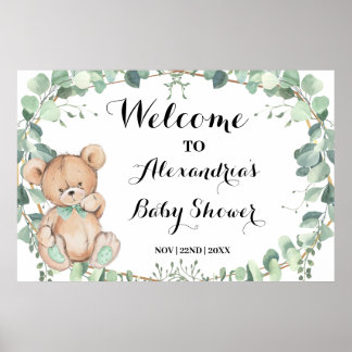 Welcome Greenery Bear Gold Baby Shower Poster