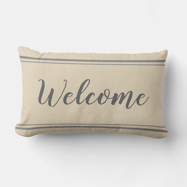Welcome Grey and Beige Stripe Pillow (Front)