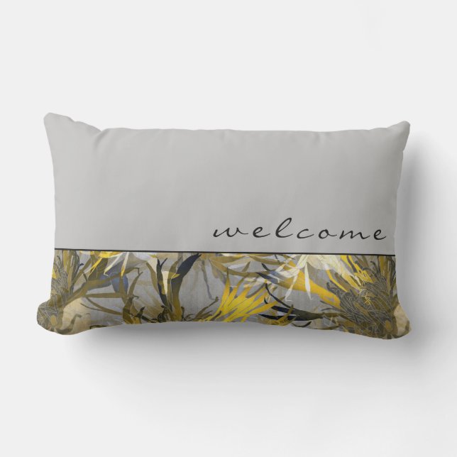 Welcome | Grey Elegant Artistic Floral Lumbar Pillow (Front)